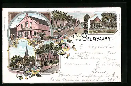 Lithographie Oederquart, Nordens Hotel, Kirche, Schule, Westerende-Strasse
