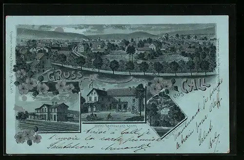 Mondschein-Lithographie Call, Totalansicht, Hotel Restaurant Krum, Kriegerdenkmal