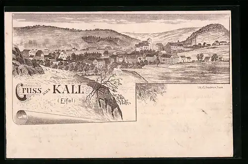 Lithographie Kall /Eifel, Totalansicht der Gemeinde