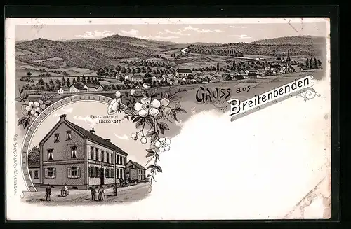 Lithographie Breitenbenden, Restaurant Lückerath, Ortsansicht mit Umgebung