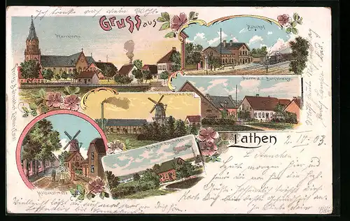 Lithographie Lathen, Bahnhof, Windmühle, Burgstrasse, Emshafen