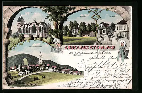 Lithographie Bad Laer - Steinlaer, Soolbad, Strassenpartie am Tieplatz, Kirche