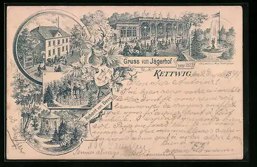 Vorläufer-Lithographie Kettwig, 1894, Gasthaus Jägerhof des Robert vom Berg