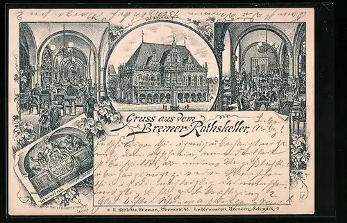 Vorläufer-Lithographie Bremen, 1891, Gasthaus Rathskeller im Rathaus, Bachus-Fass, Gaststube