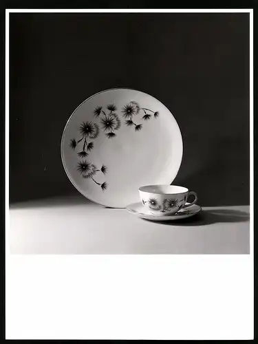 Fotografie Willi Moegle, Stuttgart, ein Mann Porzellanservice mit Löwenzahn Dekor bestehend aus Teller, Tasse Untertasse