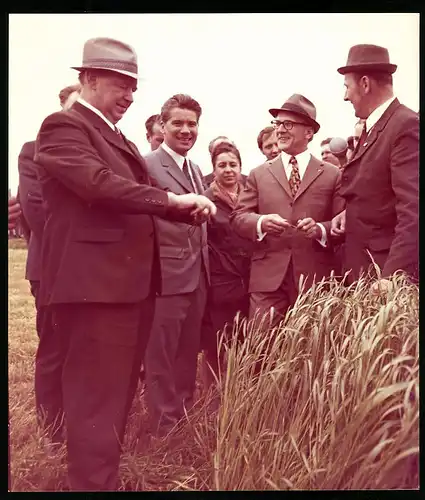 Fotografie Ansicht Dedelow, Feldbegeheung durch Erich Honecker, Friedrich Clermont, Margarete Müller Johannes Chemnitzer