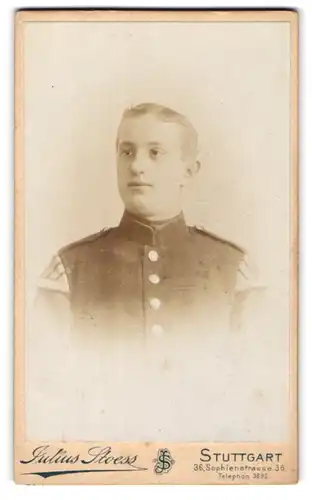 Fotografie Julius Stoess, Stuttgart, Sophienstrasse 36, Junger Soldat des Musikcorps in Uniform mit Schwalbennestern