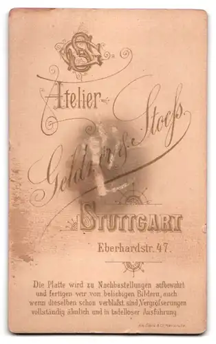 Fotografie Geldner und Stoess, Stuttgart, Eberhardstr. 47, junges Mädchen im Sonntagskleidchen an einer Bank