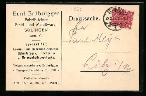 AK Solingen, Korrespondenzkarte der Stahl- und Metallwarenfabrik Emil Erdbrügger