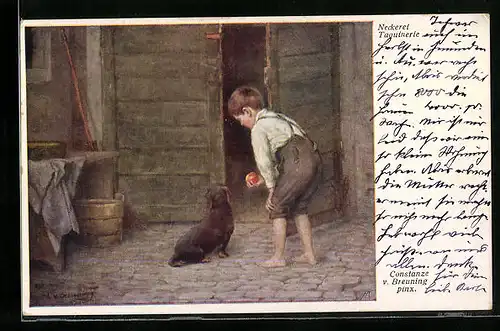 AK Knabe mit Apfel neckt seinen Dackel