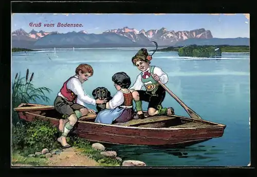 AK Kinder mit Dackel in einem Ruderboot auf dem Bodensee