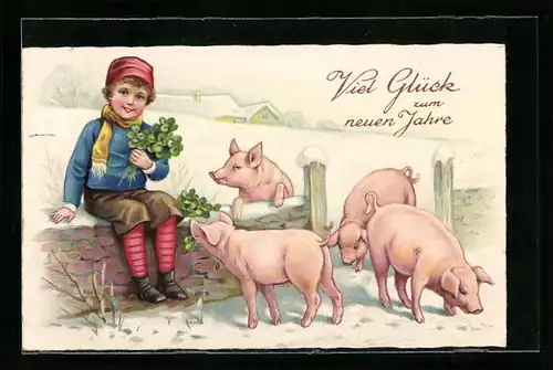 AK Knabe mit Glücksklee und Schweinen im Schnee, Neujahrsgruss