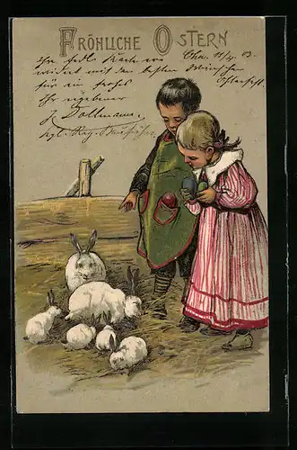 AK Zwei kleine Kinder und ihre Hasen, Osterhase, Grusskarte