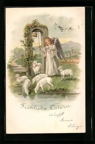 AK Osterengel läutet die Glocke, Osterlämmer