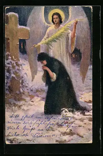 AK Engel mit Palmzweig, Betende Dame im Schnee