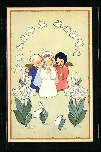 AK Betende Engel, Tauben und Blumen