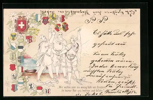 Präge-Lithographie Rütli /Schweiz, Drei Männer mit Wappen