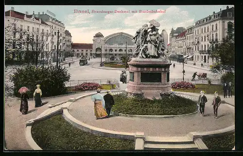 AK Basel, Strassburger-Denkmal mit Bundesbahnhof