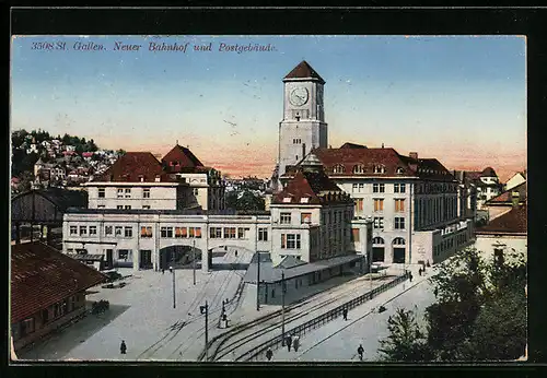AK St. Gallen, Neuer Bahnhof und Postgebäude