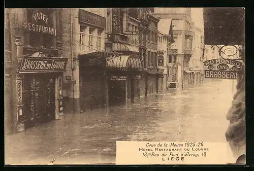 AK Liege, Crue de la Meuse 1925-26, Hotel Restaurant du Louvre, Hochwasser
