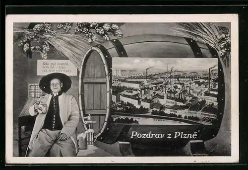 AK Plzne, Ortsansicht und Bier, Hopfen