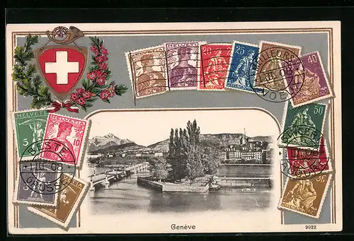 AK Genève, Ortsansicht mit Briefmarken