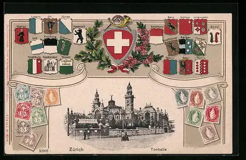 AK Zürich, Tonhalle mit Briefmarken