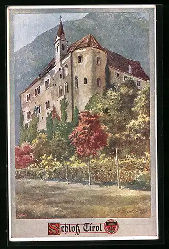 Künstler-AK E.F. Hofecker: Schloss Tirol, Ansicht mit Bergpanorama