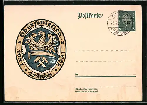 AK Oberschlesien, 1921-1931, Wappen, Ganzsache