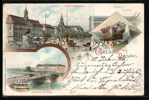 Lithographie Dresden, Albert-Theater, Carola-Brücke, Hauptstrasse mit Pferdebahn