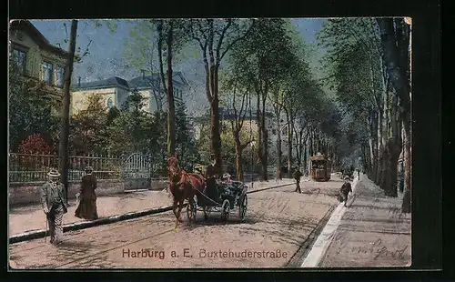 AK Harburg a. E., Buxtehuderstrasse mit Strassenbahn und Pferdewagen