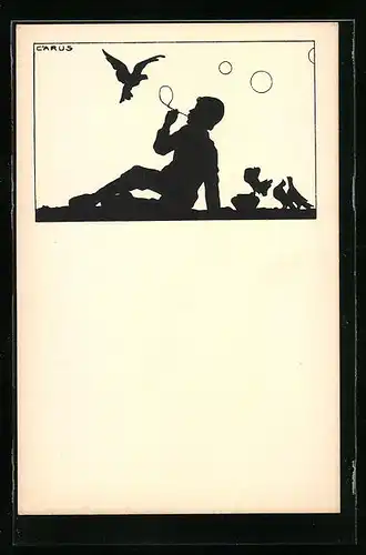 Künstler-AK Carus: Junge bläst Seifenblasen, Tauben