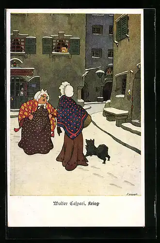 Künstler-AK Walther Caspari: Krieg, Scherz, Frauen streiten auf der Strasse