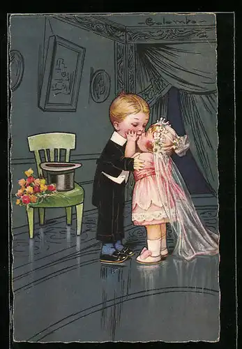 Künstler-AK E. Colombo: niedliches Kinderpaar küsst sich in Brautkleidung