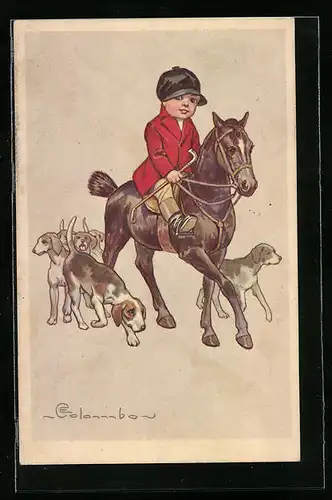 Künstler-AK E. Colombo: Kleiner Junge auf seinem Pferd mit Hunden