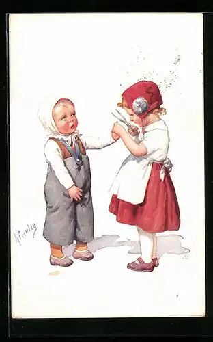 Künstler-AK Karl Feiertag: Mädchen schneidet dem kleinen Bruder die Nägel mit grosser Schere