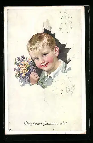 Künstler-AK Karl Feiertag: Kleiner Gratulant mit Blumenstrauss