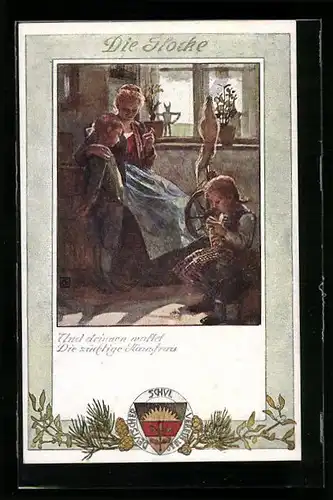 Künstler-AK Karl Friedrich Gsur: Deutscher Schulverein Nr. 196: Frau mit zwei Kindern am Spinnrad