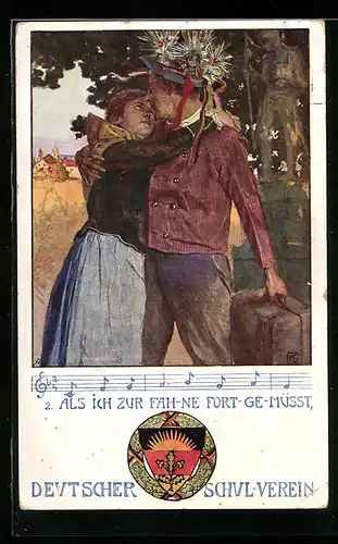 Künstler-AK Karl Friedrich Gsur, Deutscher Schulverein Nr. 100: Mann küsst seine Liebste zum Abschied