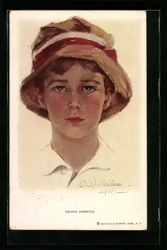 Künstler-AK Philip Boileau: Junge mit braunem Hut