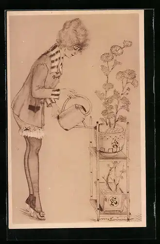 Künstler-AK Max Brüning: Gärtnerin giesst Blumen