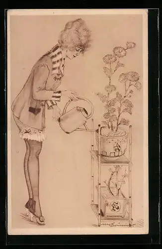 Künstler-AK Max Brüning: Gärtnerin giesst Blumen