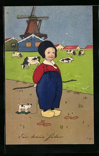 Künstler-AK Fritz Baumgarten: Holländischer Junge mit einem Spieltier, Im Hintergrund Windmühle