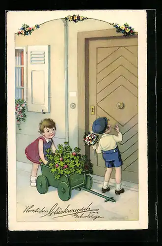 Künstler-AK Fritz Baumgarten: Kinder mit Wagen voller Kleeblätter klopfen an eine Tür