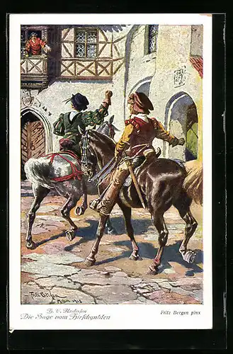 Künstler-AK Fritz Bergen: Die Sage vom Hirschgulden, Kuno zeigt sich den Brüdern am Fenster