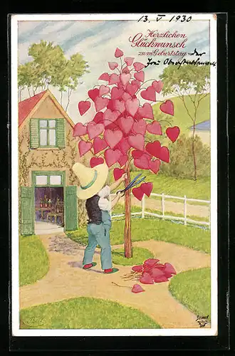 Künstler-AK Bert: Junge schneidet Herzen von einem Baum