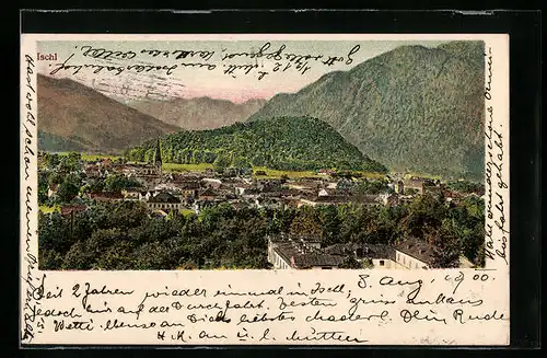 Lithographie Ischl, Panoramablick auf Ort und Berge