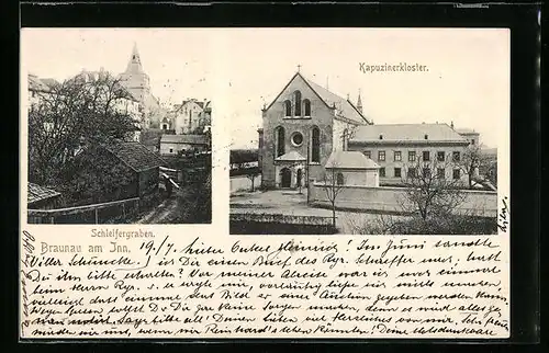 AK Braunau am Inn, Strassenpartie am Schleifergraben, Kapuzinerkloster