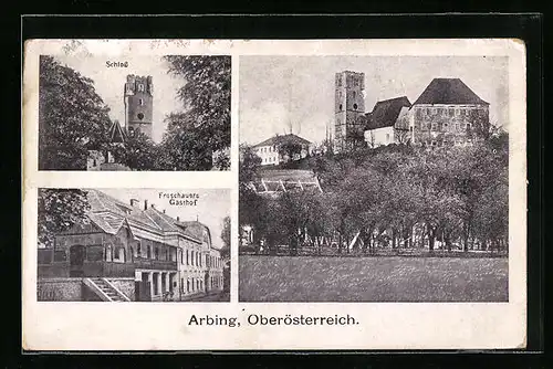 AK Arbing, Ortsansicht mit Schloss, Froschauers Gasthof