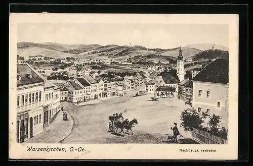 AK Waizenkirchen, Ortsansicht mit Marktplatz und Kutsche
